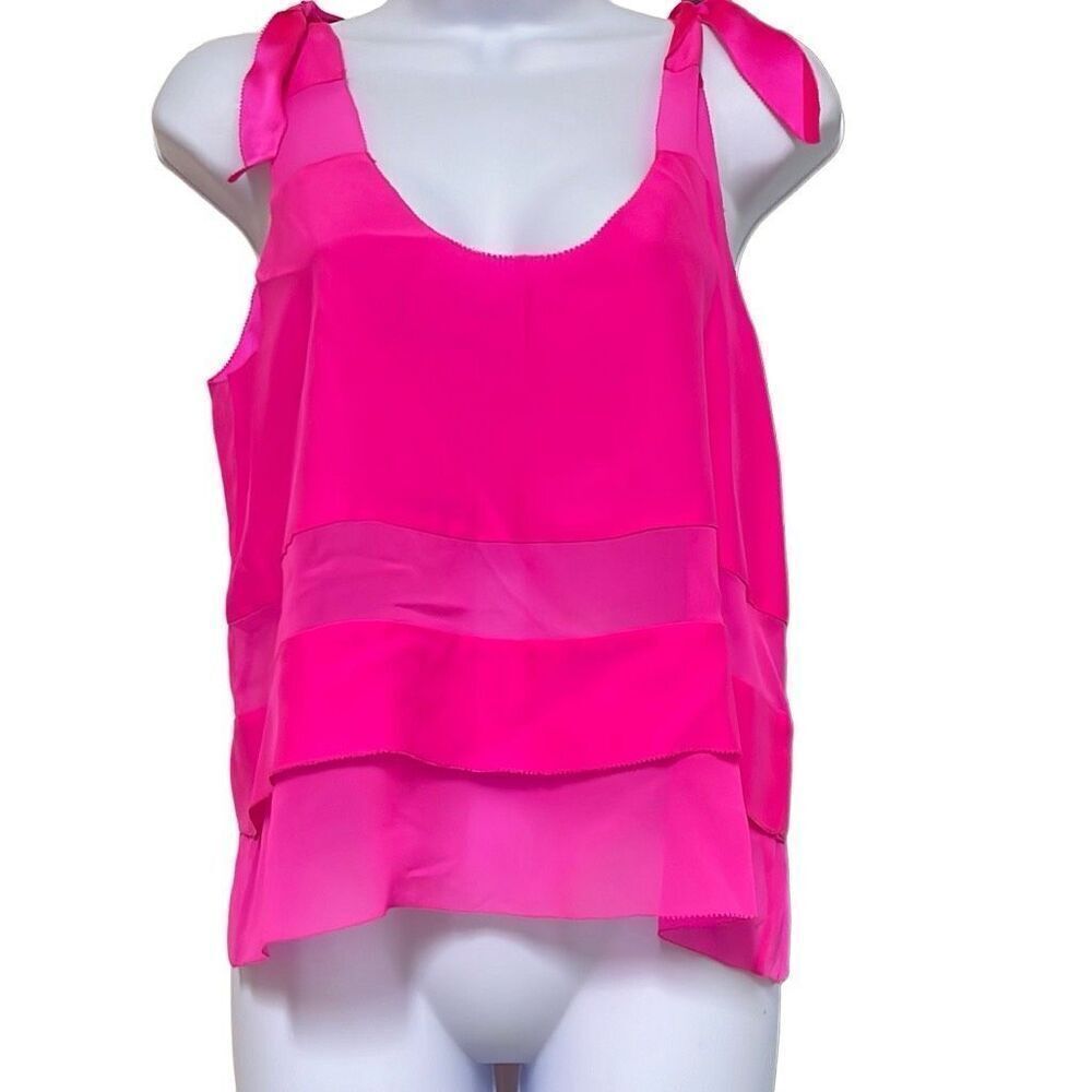 Parker Small Hot Pink 100% Silk Tank Top Tie Straps Sheer Panels Scoop Neck NWOT